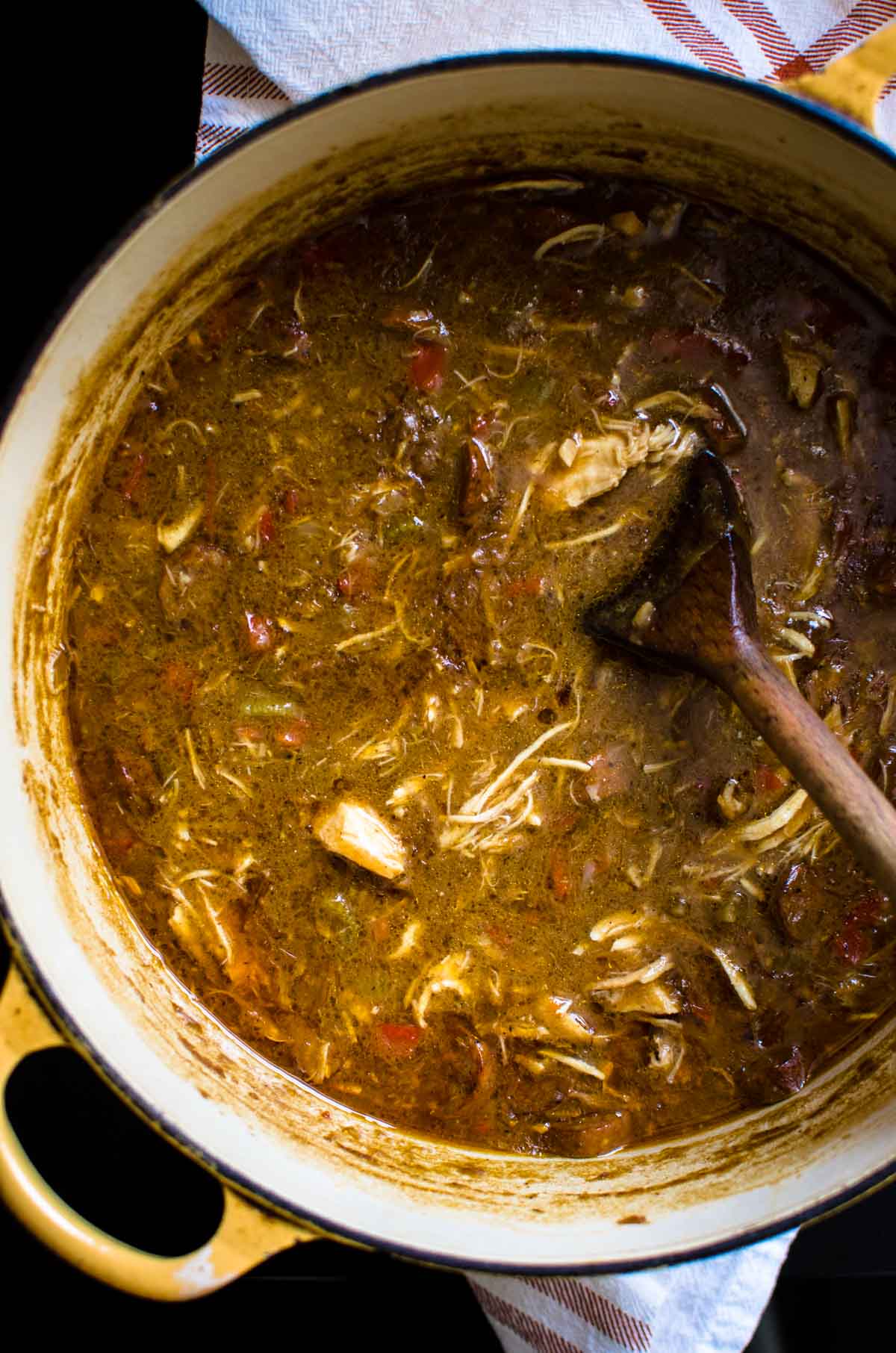 A pot full of chicken sausage gumbo viewed from above. 