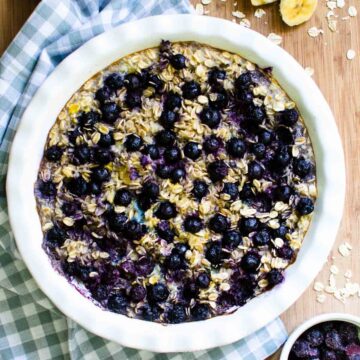 This recipe for Caramelized Banana Blueberry Baked Oatmeal is so easy to make and is perfect to have for breakfast during the week! It packs easily for work and the leftovers are delicious!