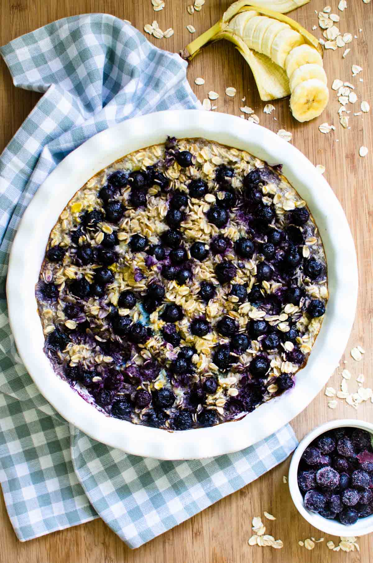 Dish of banana blueberry baked oatmeal.