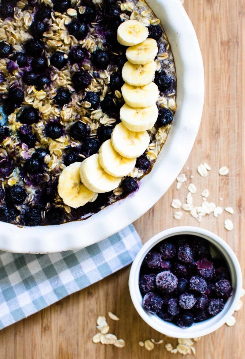 Close up of banana blueberry baked oatmeal.