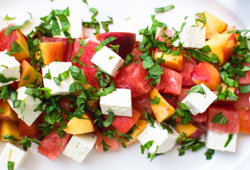 Diced feta, watermelon, peaches, and basil.