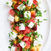 This simple recipe for Cubed Watermelon, Peach and Feta Salad can be put together in minutes but makes for such an elegant and refreshing side dish!