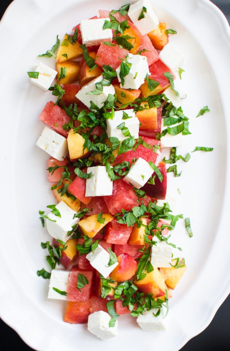 Cubed Watermelon, Peach and Feta Salad. 