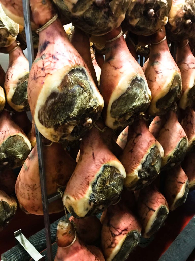 Legs of prosciutto di Parma hanging to dry age in a salumeria in Italy.