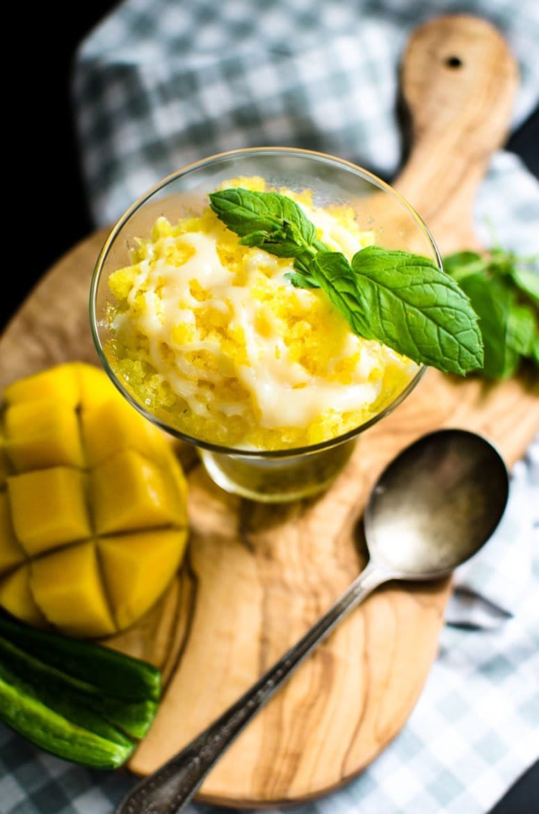 Mango granita with mint sprig.