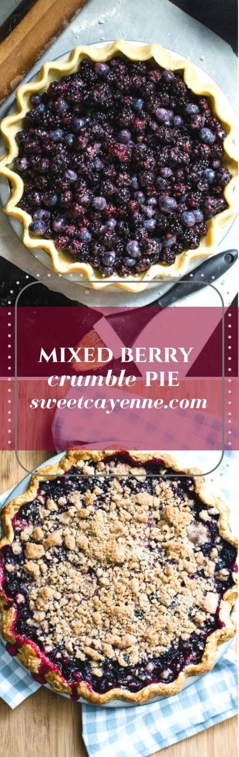 This mixed berry crumble pie is dripping with summer flavor - perfect for serving at a picnic with homemade vanilla ice cream!