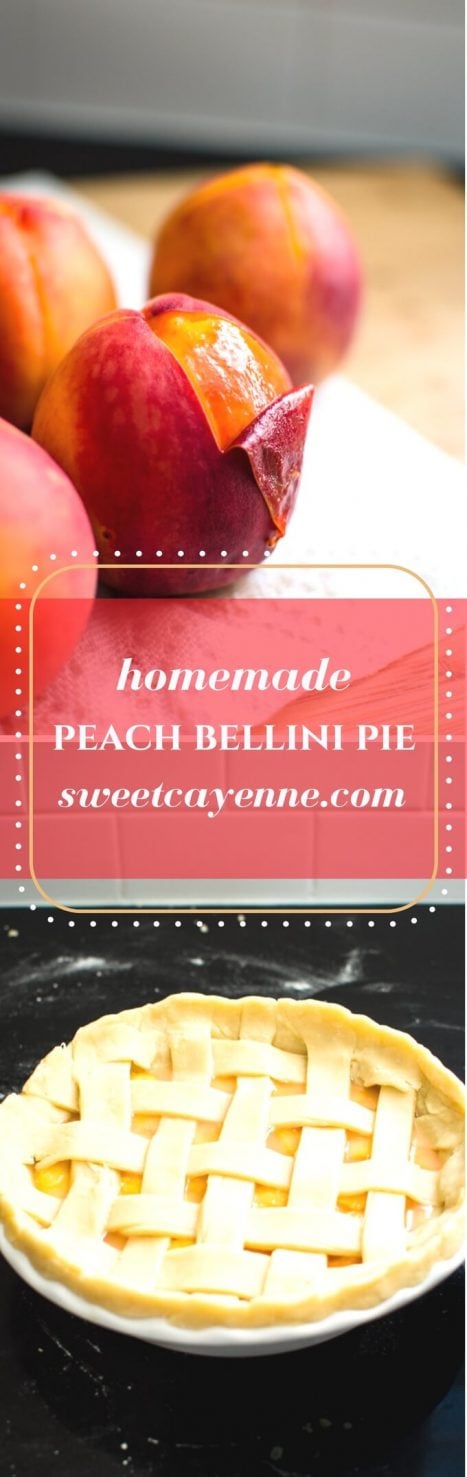 This peach Bellini pie recipe is made with market fresh summer peaches poached in sweet Moscato wine and baked in a buttery, flaky, lattice-top crust.