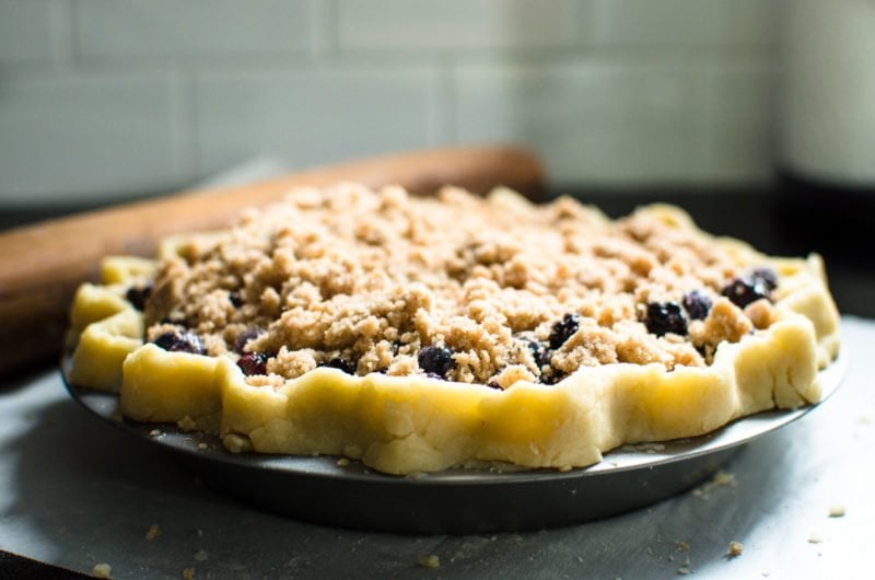 Mixed berry crumble pie about to be put in the oven. 