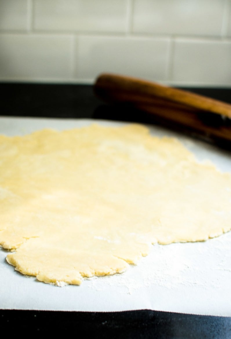 Pie dough rolled out on a sheet of parchment paper. 