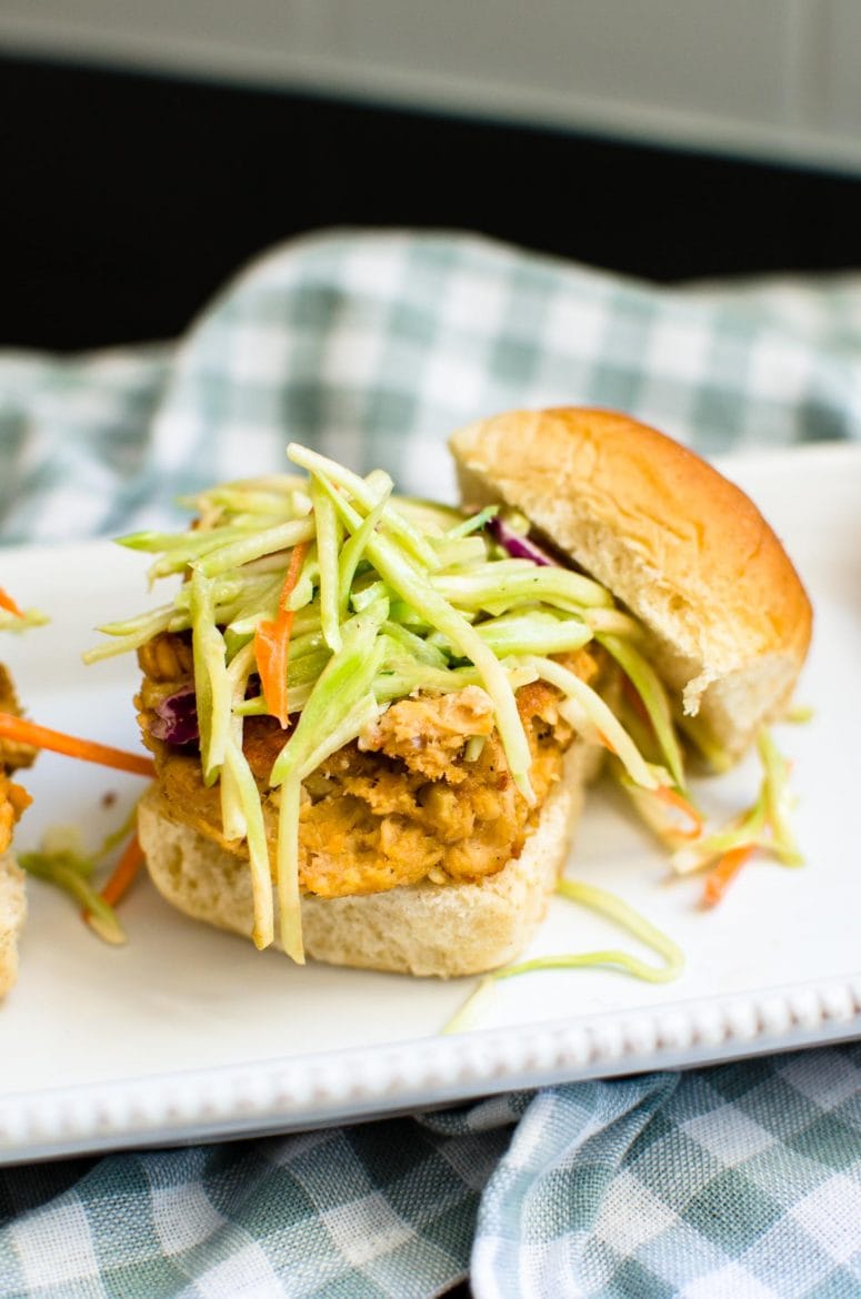 Open face salmon slider with cole-slaw.