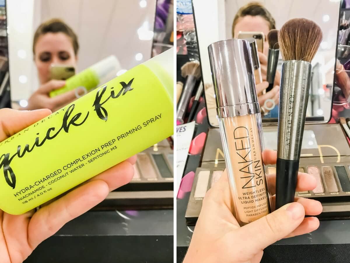 Two pictures: Left picture neon yellow tube of "quick fix" complexion makeup. Right picture: Naked Skin tube of make up and makeup brush.