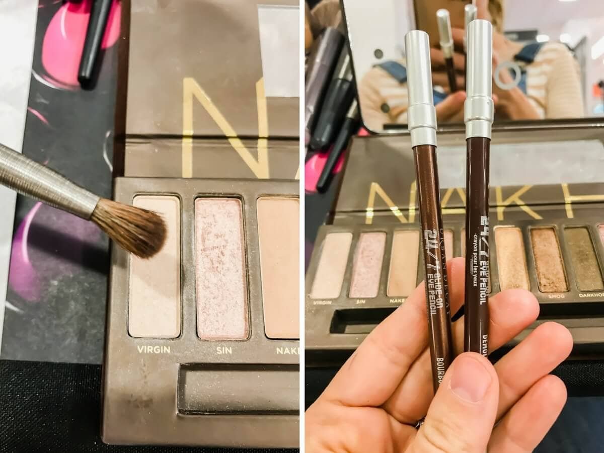 Two pictures: Left picture - makeup brush over makeup pallet. Right picture - Eye liner pencils help up in front of face makeup. 