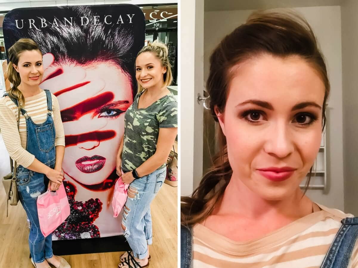 Two pictures: Left picture - 2 females standing in front of a makeup sign. Right picture - female showcasing makeup from makeup class. 