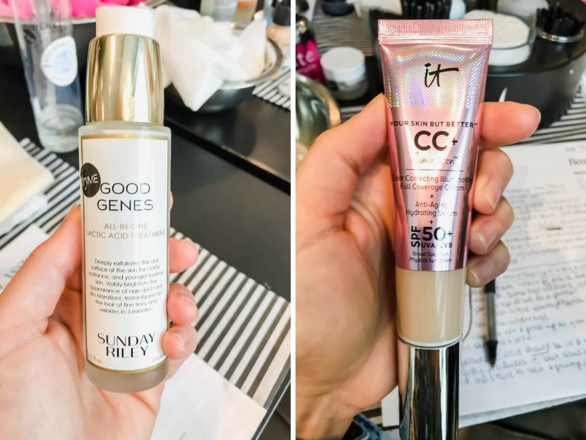 Two pictures: Left picture - Good Genes face product. Right picture - Tube of face makeup with 50 SPF.