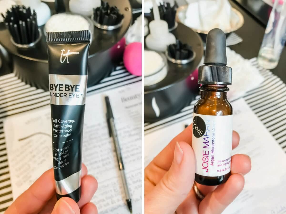 Two pictures: Left picture - Bye Bye Under Eye makeup tube held up for display. Right picture - Josie Marian face elixir. 
