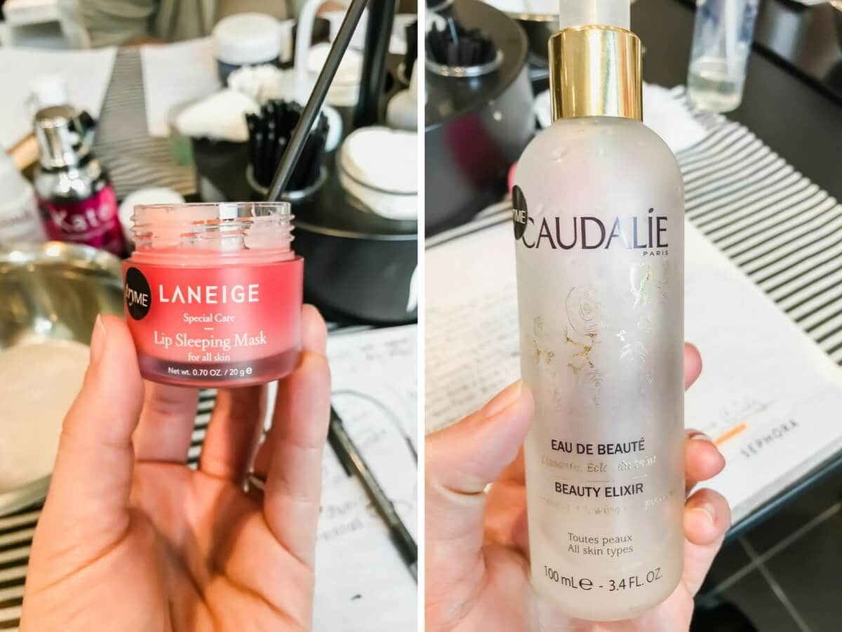 Two pictures - Left picture - Laniege sleeping mask. Right picture - Caudalie beauty elixir. 