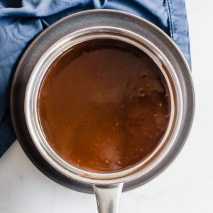 Overhead view of a pot of chocolate gravy.