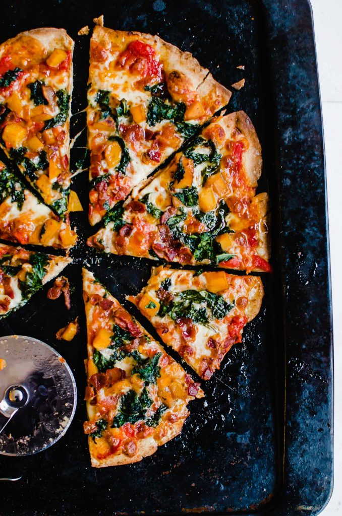 Kale, Bacon, and Butternut Pizza with Hot Honey Drizzle