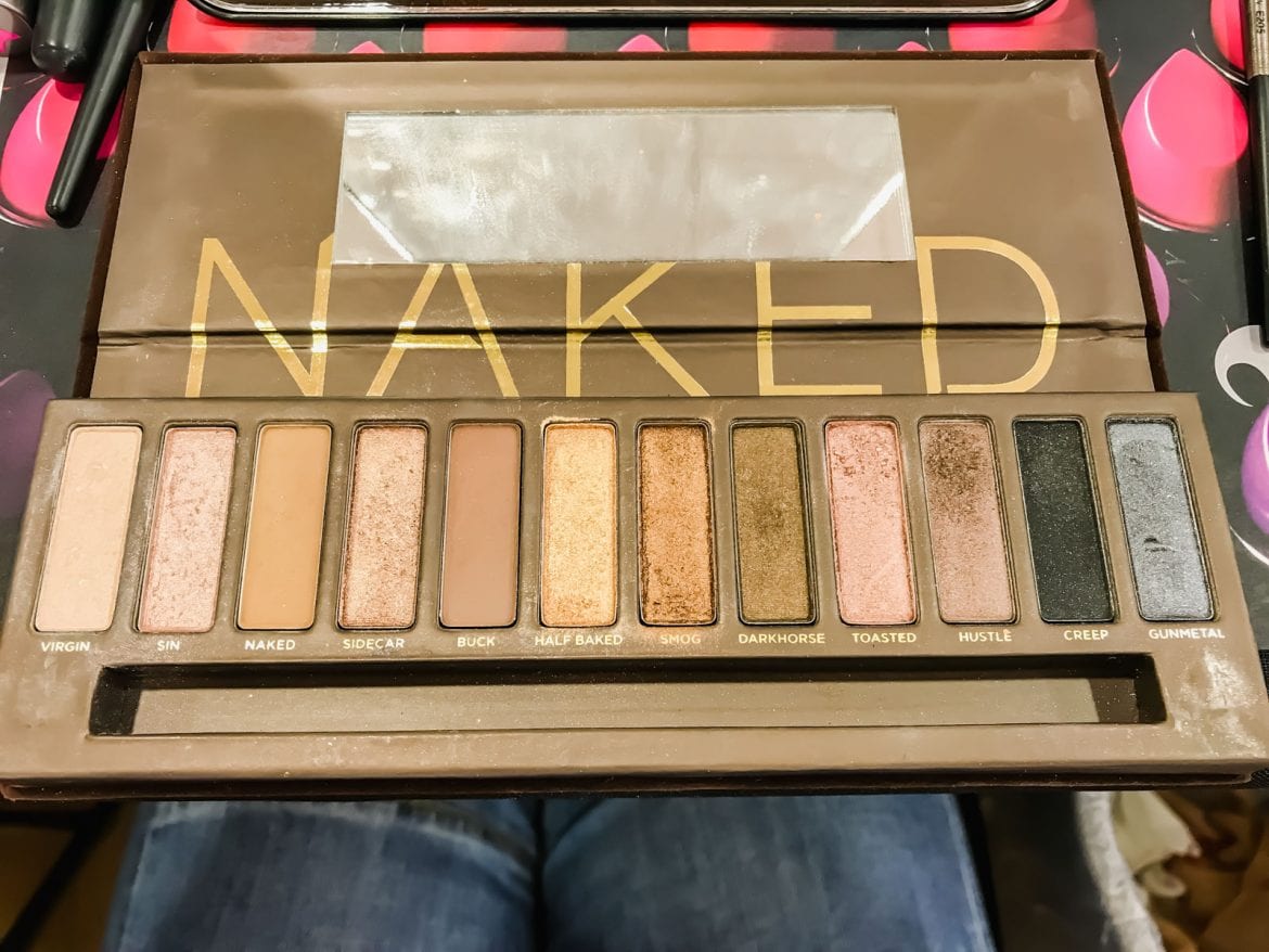 Naked face makeup pallet with 12 colors of makeup.