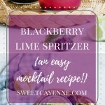Long vertical Pinterest image of a blackberry drink in Mason jars with mint sprigs, lime slices, and blackberries with purple text overlay.
