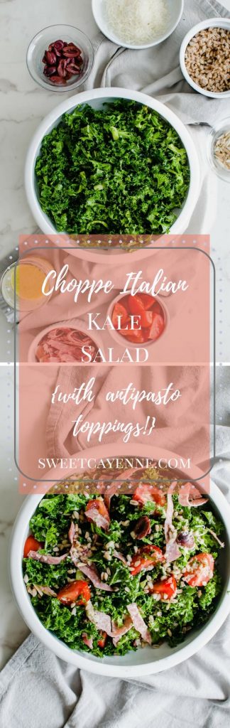 This recipe for Chopped Italian Antipasto Kale Salad is one of my favorites to make for a main entree salad. It has kale, farro, tomatoes, salami, prosciutto, almonds, Parmesan, and a bright lemon dressing! #sweetcayenne