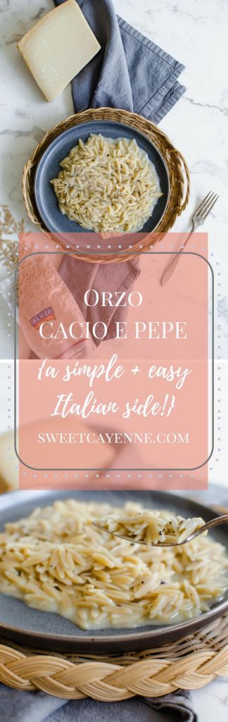 This simple recipe for Orzo Cacio e Pepe is a great option for a side dish on a weeknight to serve with grilled or roasted meats, fish, or a simple side salad! Easy Italian food that is healthy and tastes delicious!