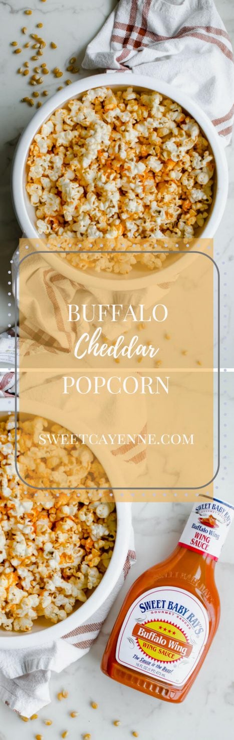 A long Pinterest picture collage of two photos with a bowl of Buffalo Cheddar Popcorn with recipe title text overlay.