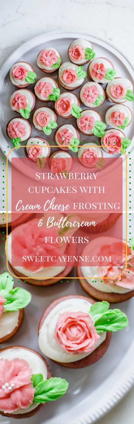 A long, Pinterest collage pin with two photos of strawberry cupcakes with cream cheese frosting and buttercream flowers with text overlay.