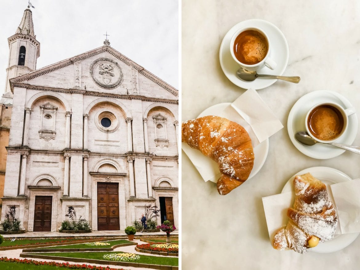 A photo collage of the cathedral front in Pienza, Italy and a table with croissants.