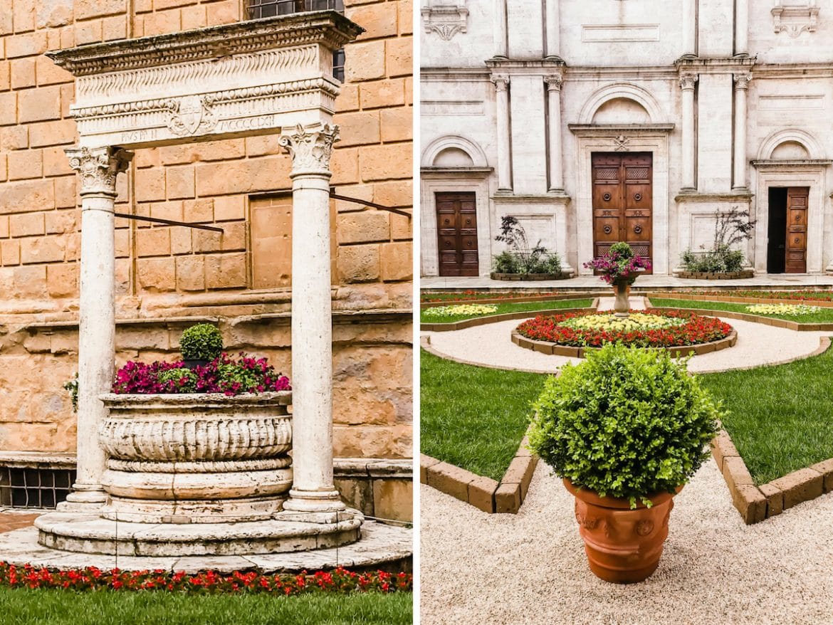 A photo collage of the cathedral grounds in Pienza, Italy