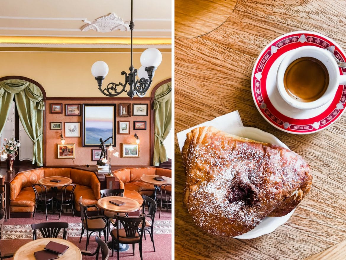 A photo collage of a cafe, croissants and coffee at a cafe in Italy.