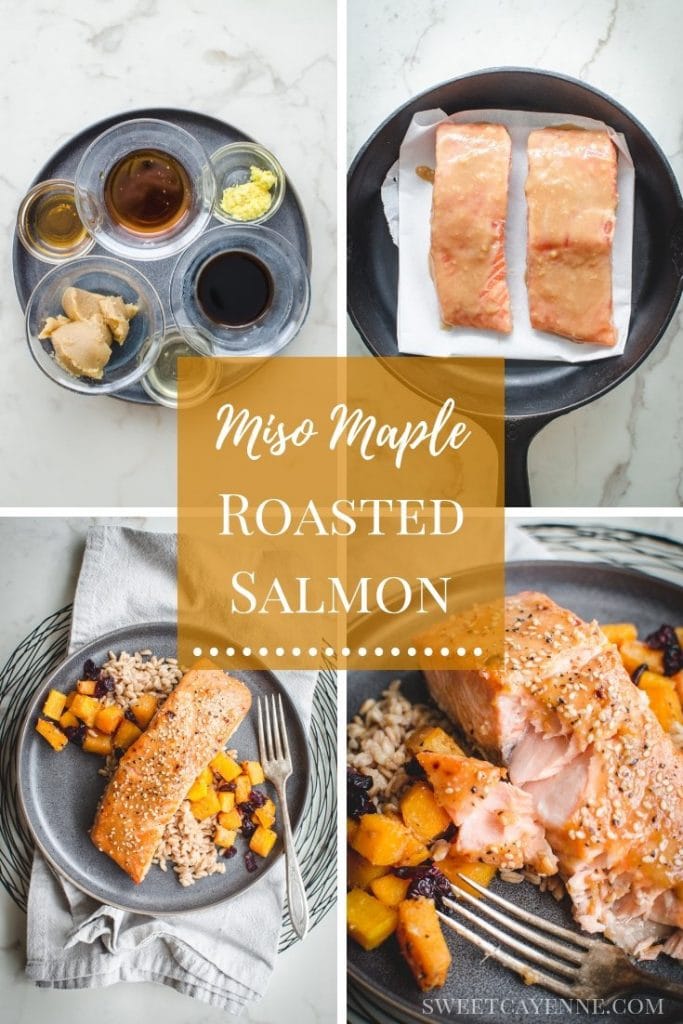 A Pinterest collage showcasing the steps in making Miso Maple Glazed Salmon.