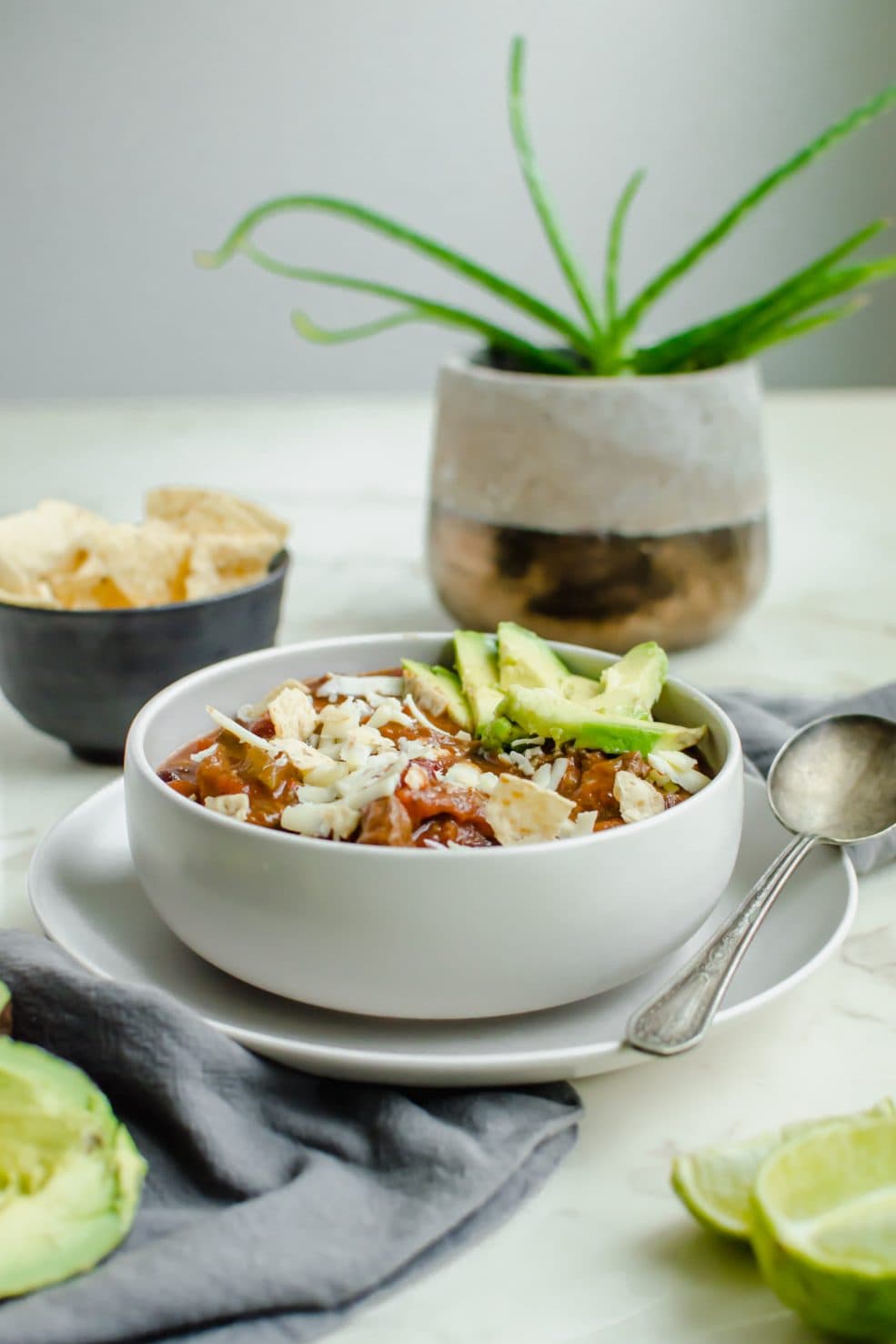 A side view of a bowl of chili with an aloe plant and bowl of tortilla chips in the background. 