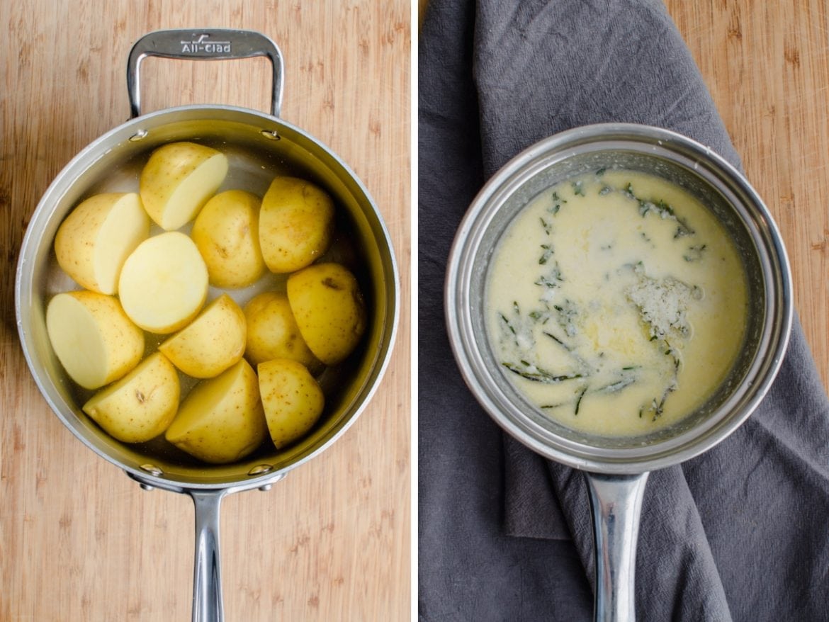 A pot of potatoes in water on the left and a saucepan with cream and herbs on the right. 