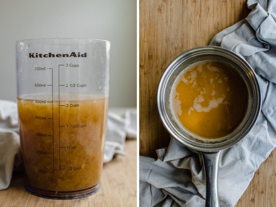 A liquid measuring cup with turkey drippings next to a saucepan with a brown roux inside. 