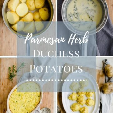 A collage of Duchess potato photos with text overlay.