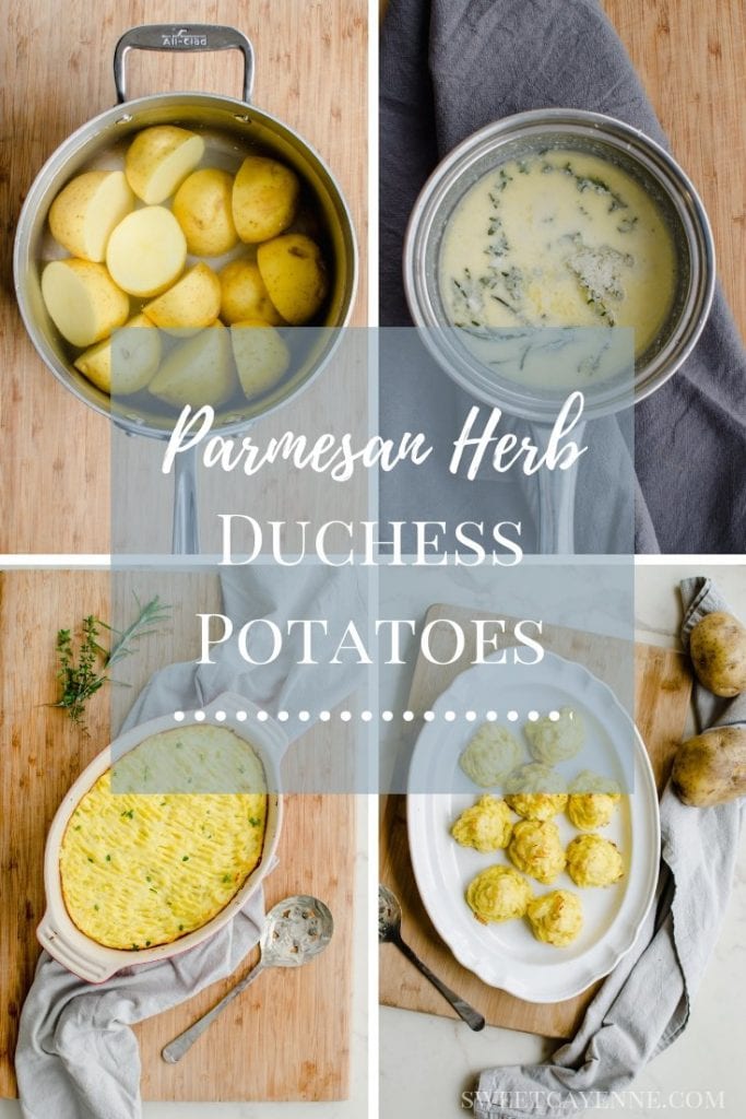 A collage of Duchess potato photos with text overlay.