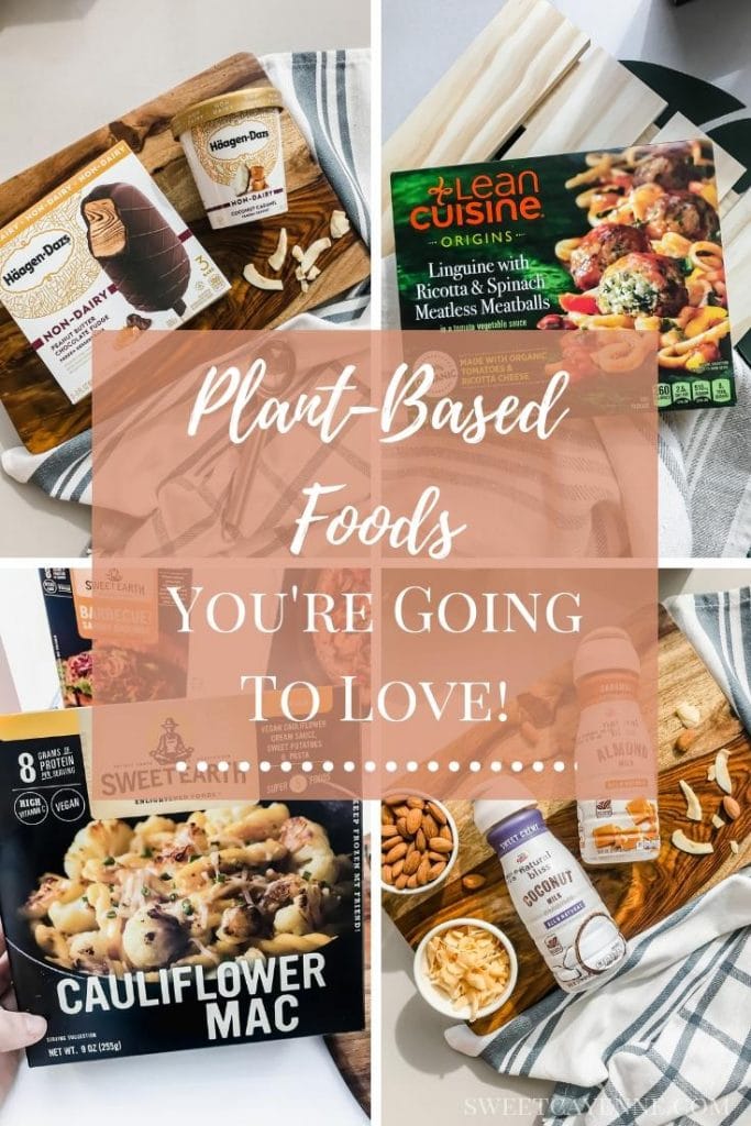 A picture collage of plant-based convenience foods. 