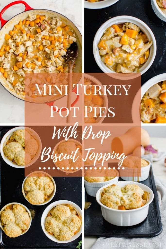 A picture collage of mini turkey pot pies with text overlay.