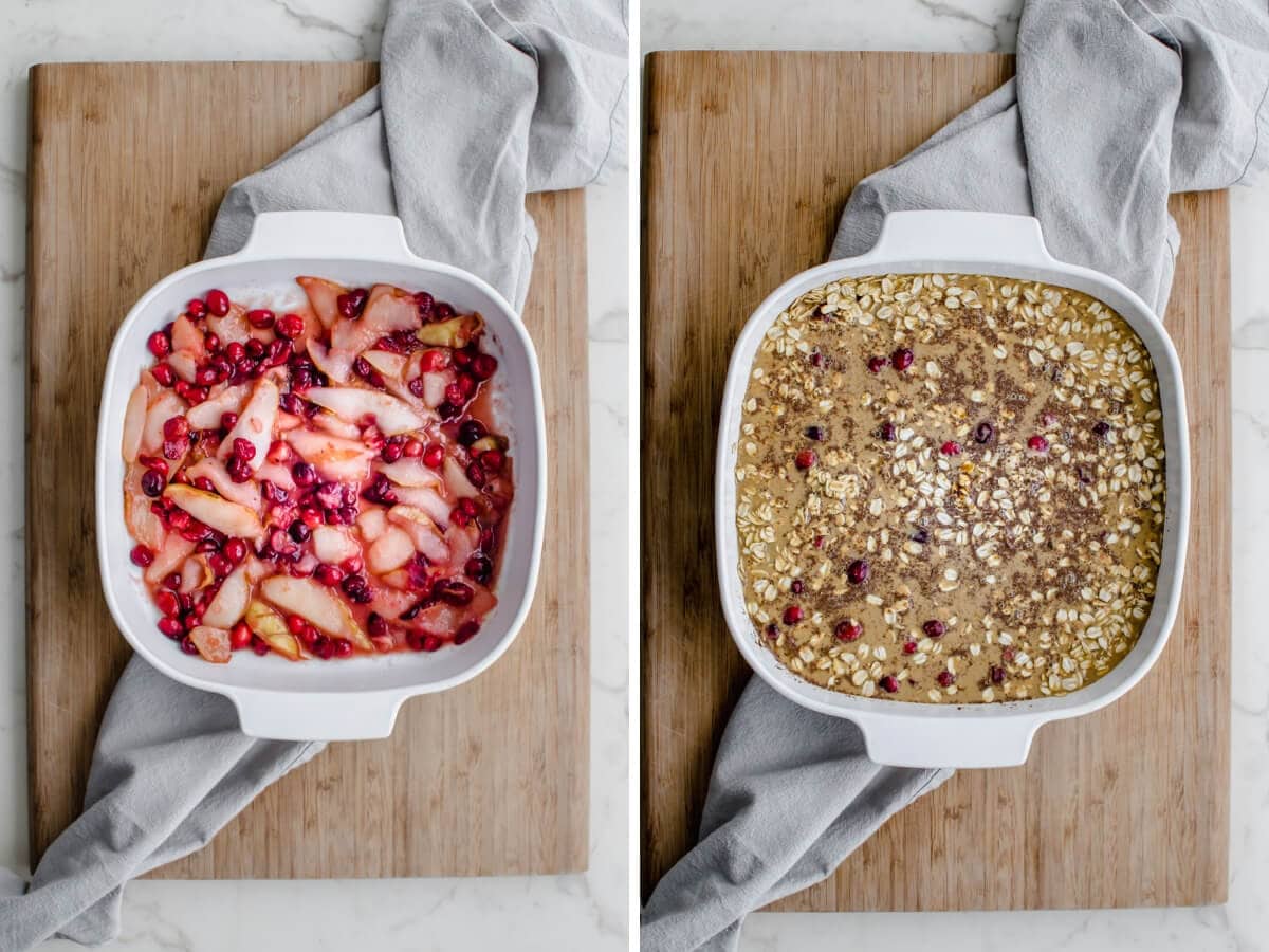 A side by side collage of the process of making gingerbread baked oatmeal. 