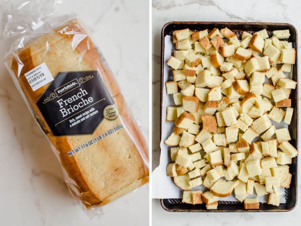 A photo collage of a loaf of brioche bread and bread cubes on a baking sheet.