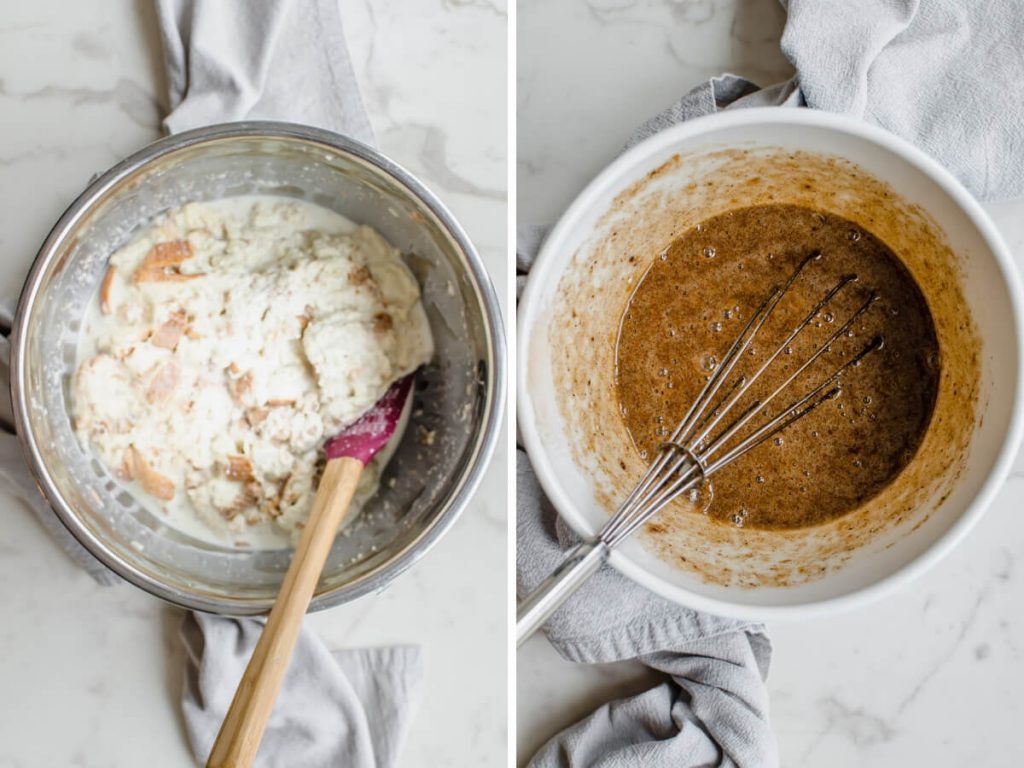 A photo collage with process shots of bread pudding being made.