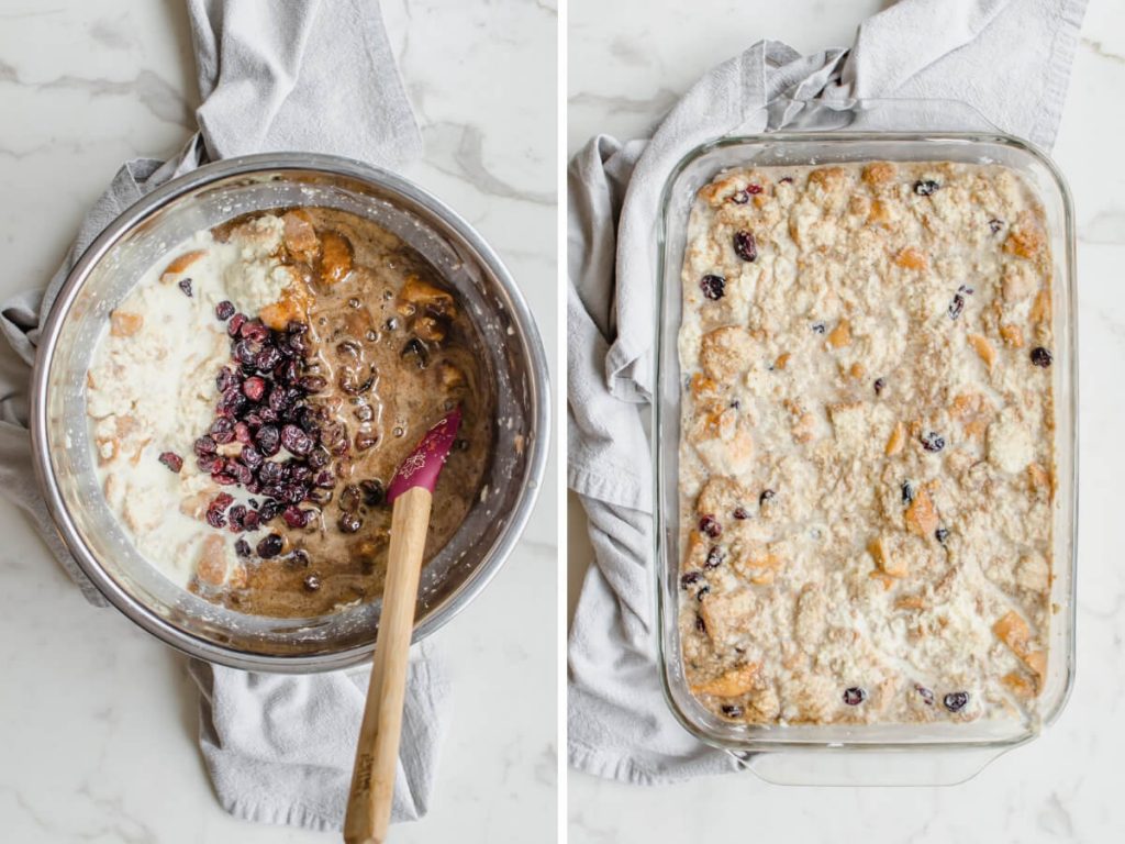 A photo collage with process shots of bread pudding being made.