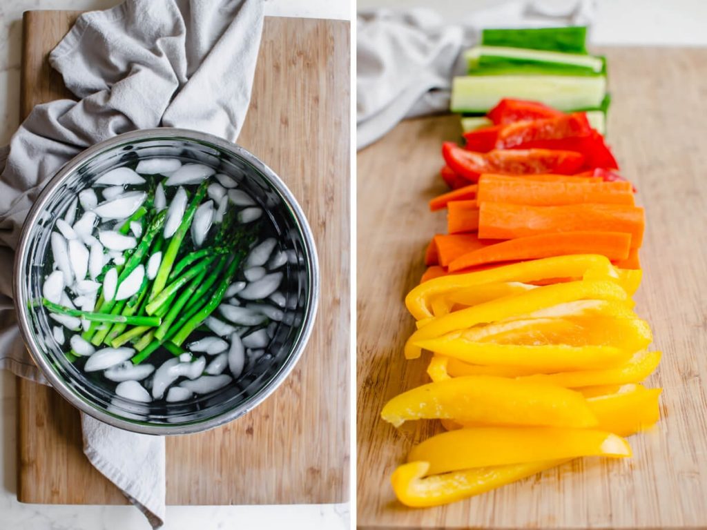 A photo collage of veggies being prepped for a crudite board. 