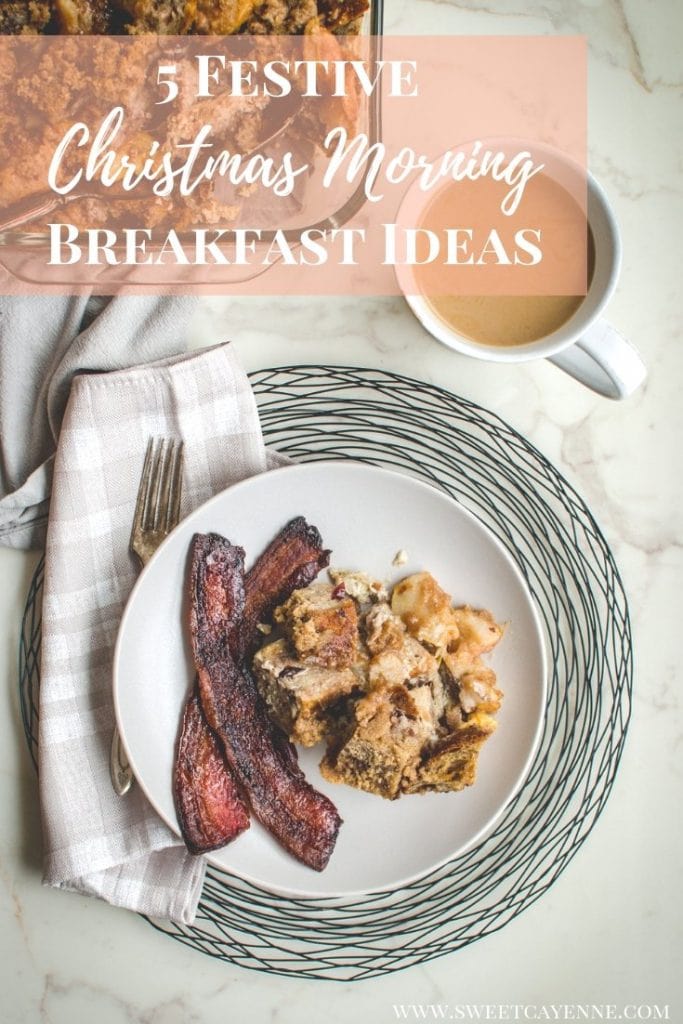 A white plate with a serving of pear French toast and a side of maple bacon.