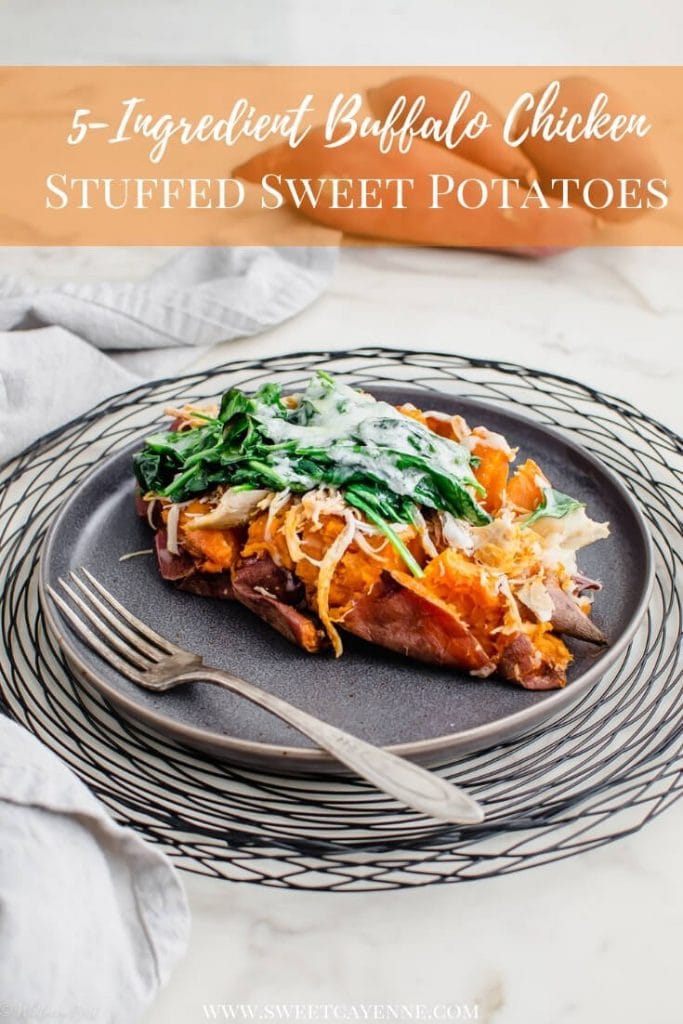 A grey plate with a Buffalo Chicken Stuffed Sweet Potato on top.