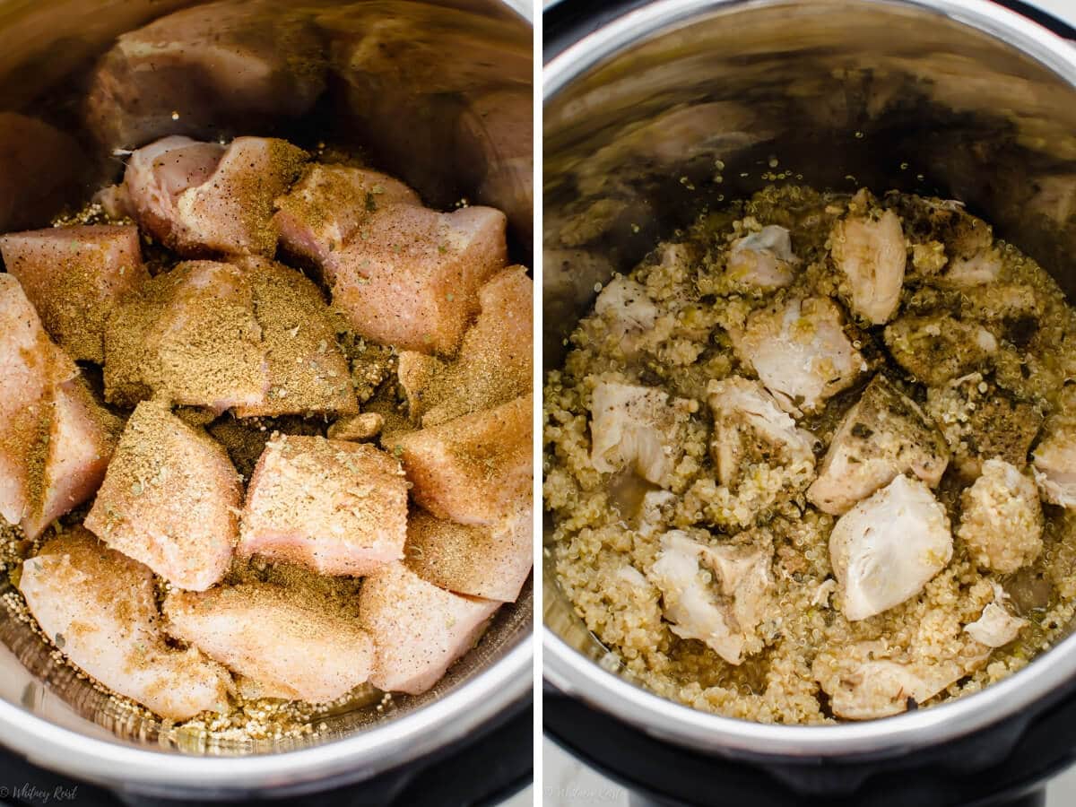 A photo of the inside of an Instant Pot with quinoa, chicken breast, and spices.