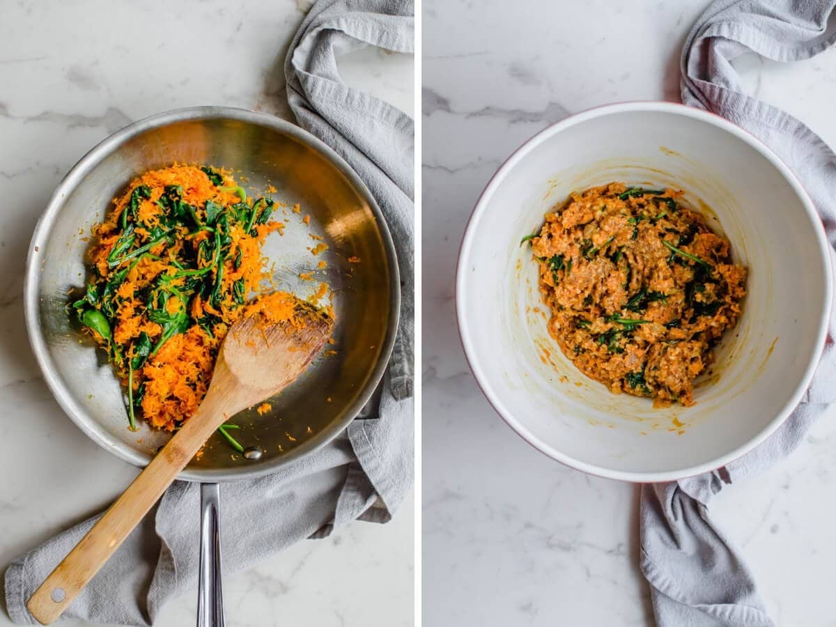 A skillet with sautéed grated carrot and wilted baby spinach.