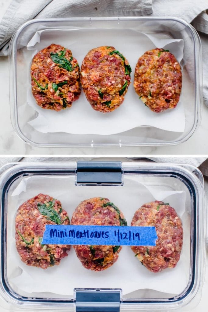Mini meatloaves shaped on parchment paper and in a freezer-safe plastic container.