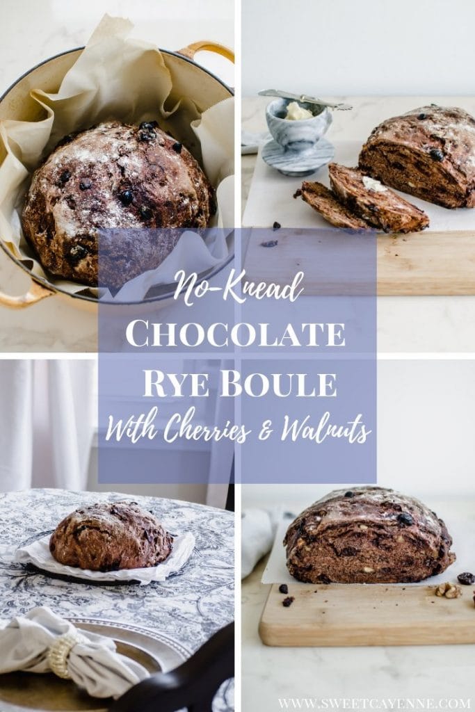 A Pinterest collage of photos of Chocolate Rye Boule with Cherries and Walnuts